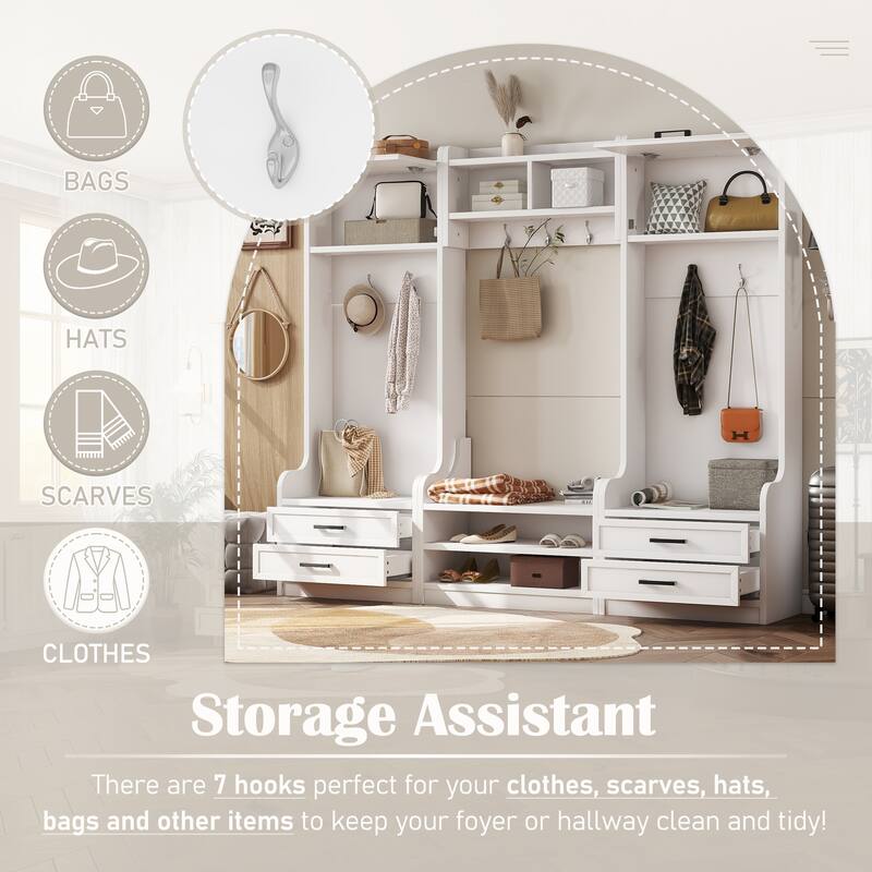 Roomfitters 4-in-1 Detachable Hall Tree with Hooks and Drawers, Entryway Coat Rack with Shoe Bench and Storage Cabinet