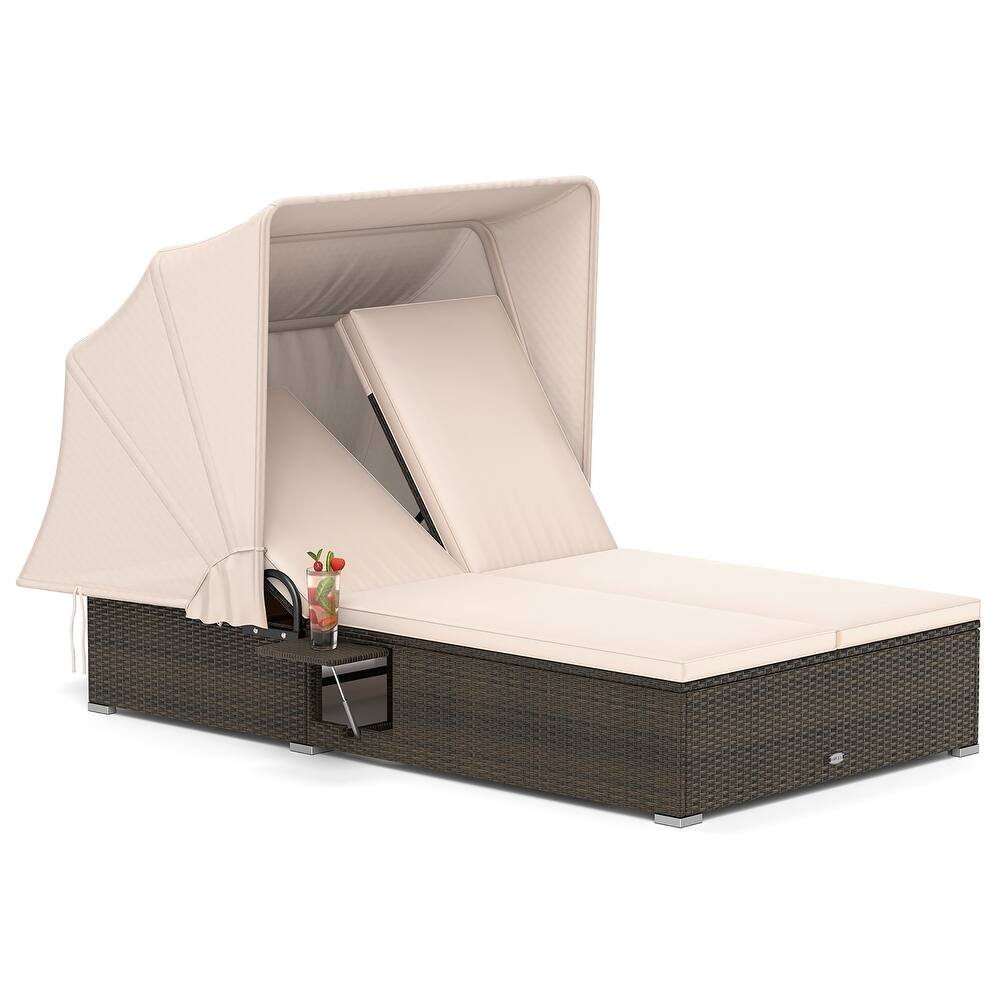 Gymax 2-person Rattan Lounge Bed w/ Retractable Canopy 5-position