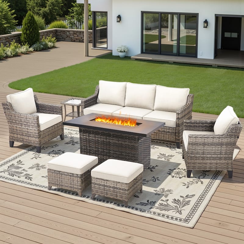 Glissia 7-Piece Gray Wicker Fire Pit Conversation Set with height-adjustable fire pit