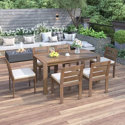 7 Piece Outdoor Dining Table and Chair Set, Acacia Wood Patio Furniture Set with Rectangular Table and 6 Dining Chairs