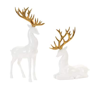 Deer with Antler Christmas Tabletop Figurines - 13" - White and Gold - Set of 2