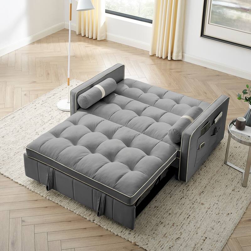 55.5" Velvet Fabric Sofa Bed, Pull-Out 2-Seater Loveseat Sofa Bed - Grey