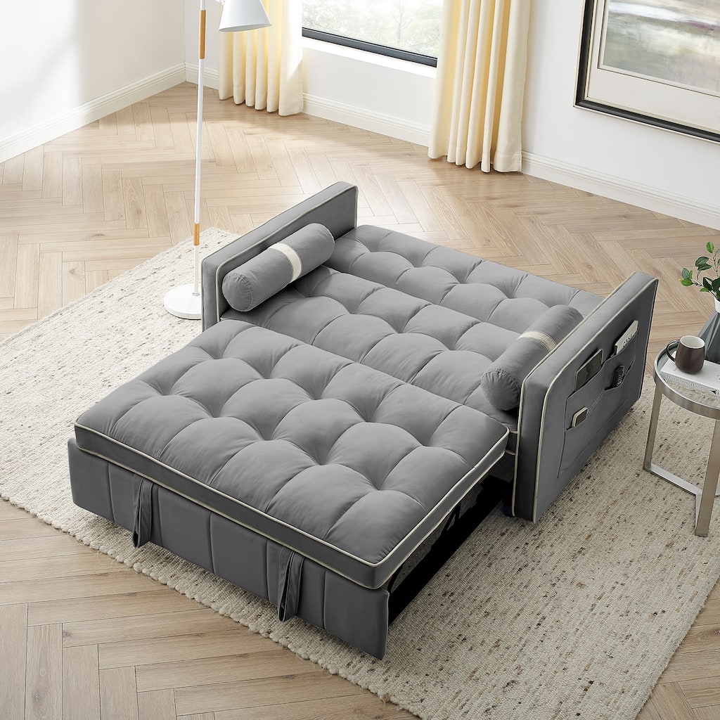 55.5" Velvet Fabric Sofa Bed, Pull-Out 2-Seater Loveseat Sofa Bed