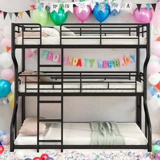 Full XL over Twin XL over Queen Size Triple Bunk Bed with Long and Short Ladder,Unique Industrial Style,Black