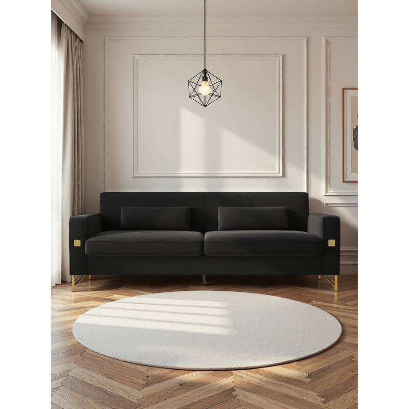 85.63" Velvet Sofa Couch with Cushions, Loveseat for Living Room, Square Armrest Upholstered Sofa with Metal Legs