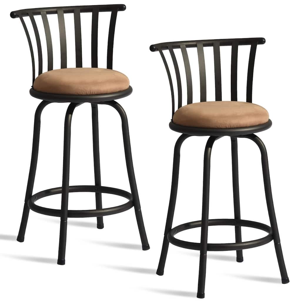 Modern Brown Microfiber Swivel Bar Stools (Set of 2) with Low Back, Black Metal Frame & Footrest