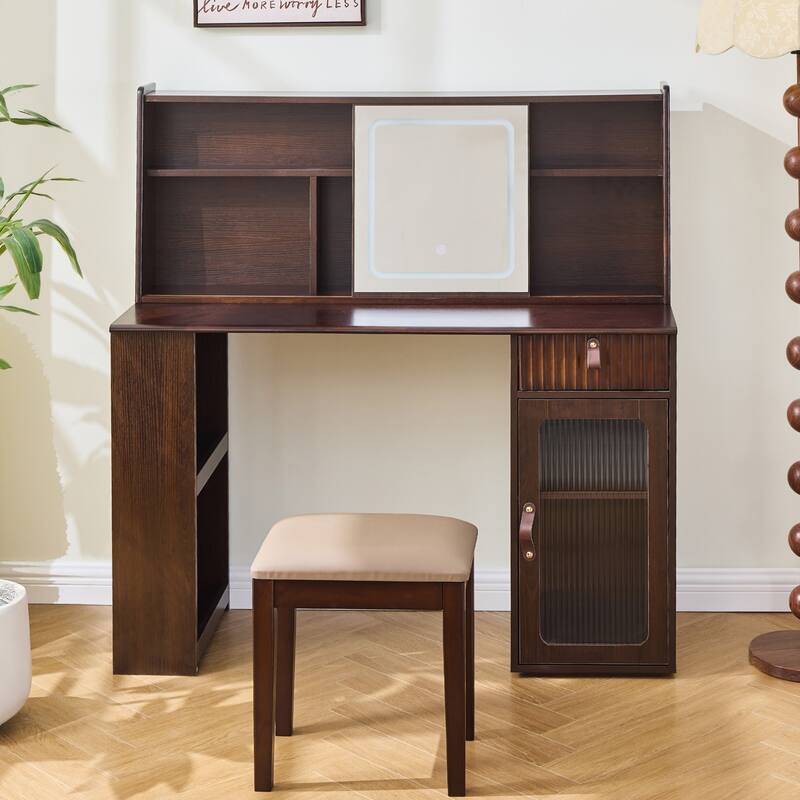 Mid-Century Modern Makeup Vanity Desk Set Includes Dressing Table & Stool, Sliding Makeup Mirror with 3-Color LED Light, Walnut