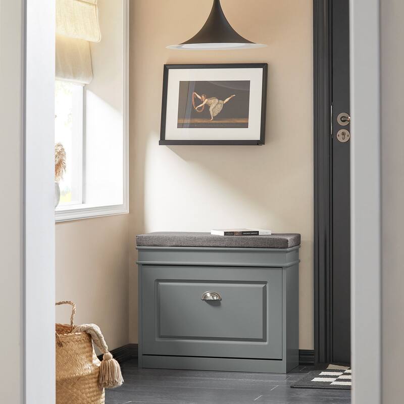 SoBuy FSR82-L-W, Hallway Shoe Bench Storage Cabinet With Flip-Drawer - 18.7" H x 23.6" W x 9.45" D - Grey