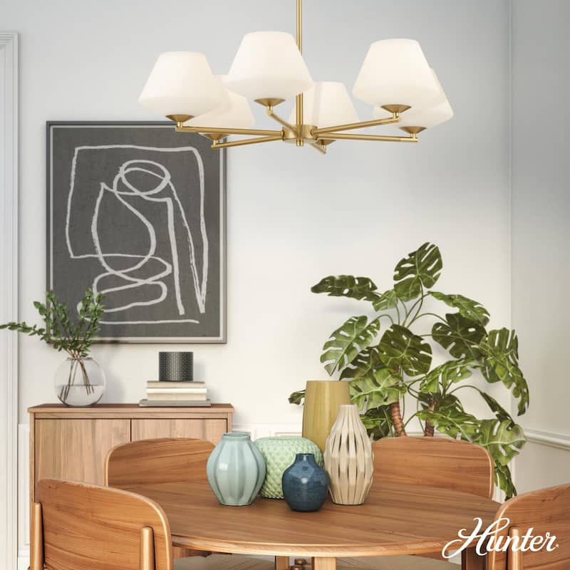 Hunter Celestial Valley Alturas Gold with Cased White Glass 6 Light Chandelier Ceiling Light Fixture