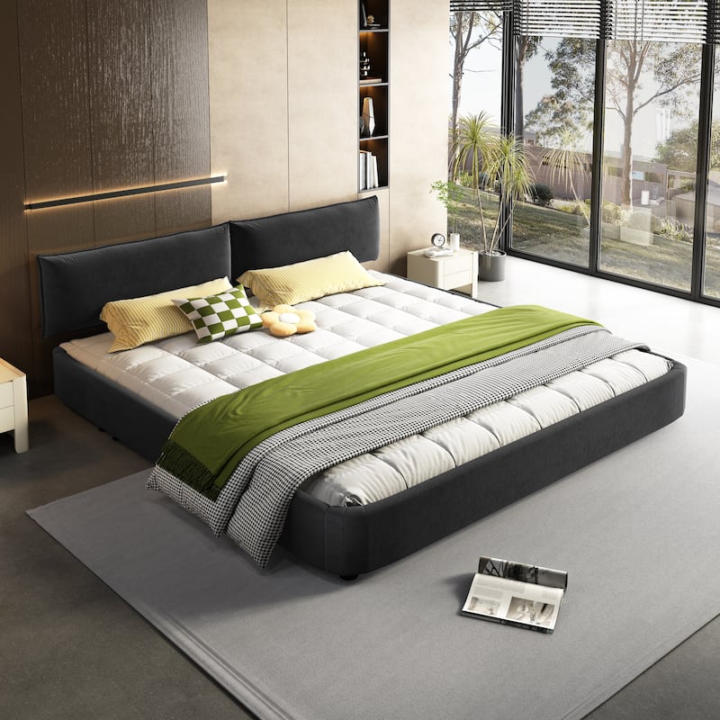 King Size Cloud Bed Frame with Oversized Padded Movable Headboard, Chenille Upholstered Bed with Round Corner - DARK GREY