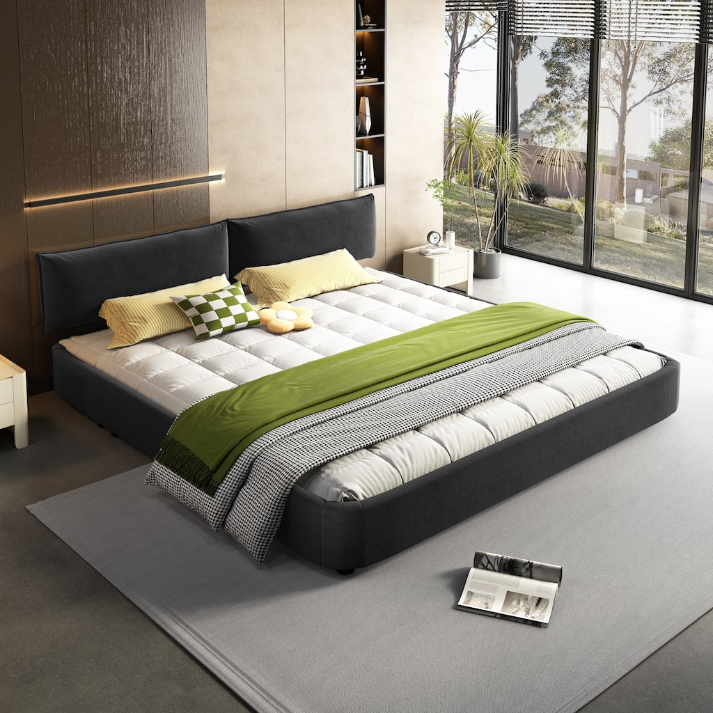 King Size Cloud Bed Frame with Oversized Padded Movable Headboard, Chenille Upholstered Bed with Round Corner