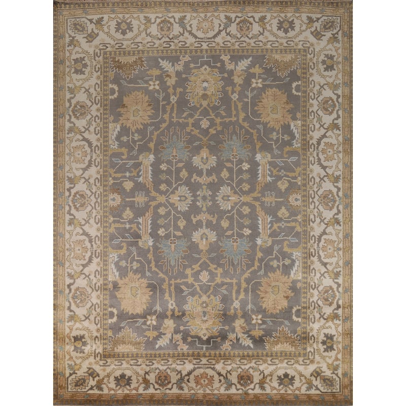 Geometric Gray Oushak Indian Area Rug Hand-Knotted Wool Carpet - 9'3"x 11'8"