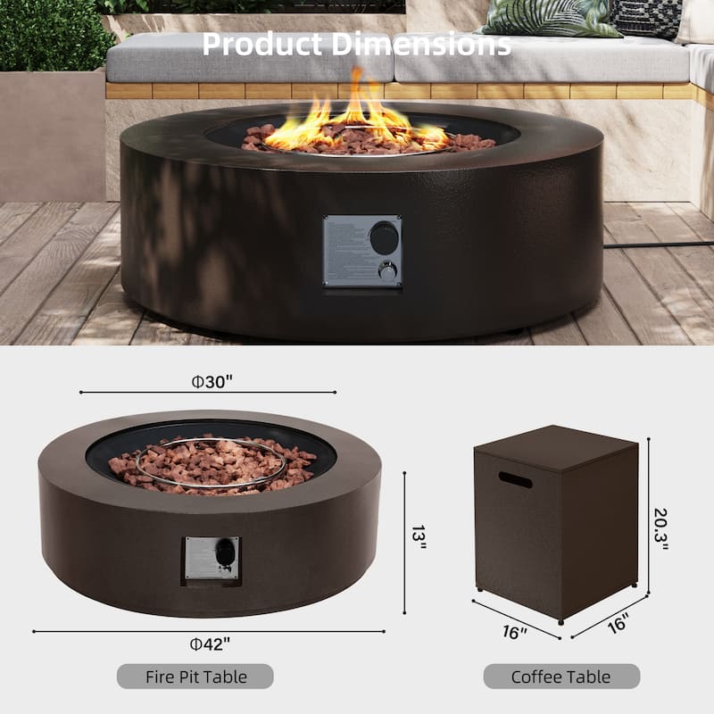 Patio Watcher Outdoor Brown Iron Fire Pit Table with Metal Lid and Propane Tank Cover，Glass Wind Guard Option