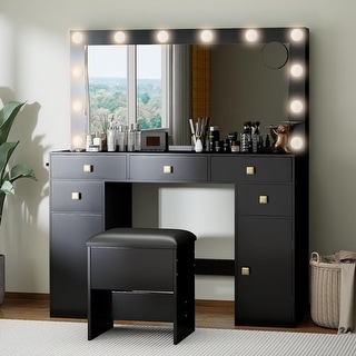 Makeup Vanity Desk,41”Large Mirror,12 Adjustable 3 Color LED Bulbs,5 Drawers,Suitable for Girls' Makeup Vanity.