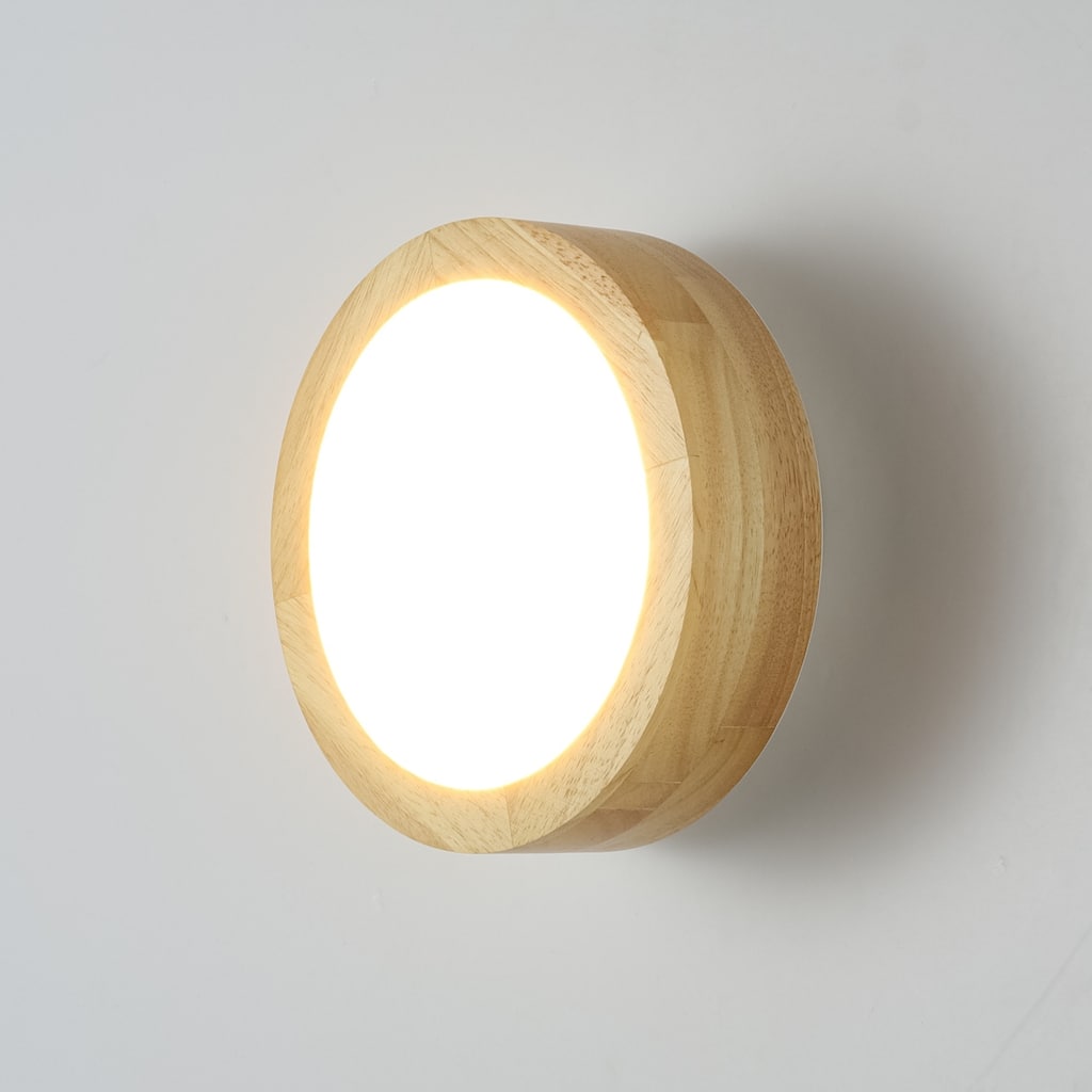 1-Light 7.87 in. Modern Farmhouse Small LED Round Wall Sconce in Natural Rubberwood Finish - 7.87 in. W x 3.35 in. H