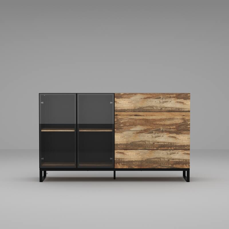 Bookshelves Sideboard Cabinet with Glass Doors and Rustic Wood Drawers 63" Credenza Storage Cabinet