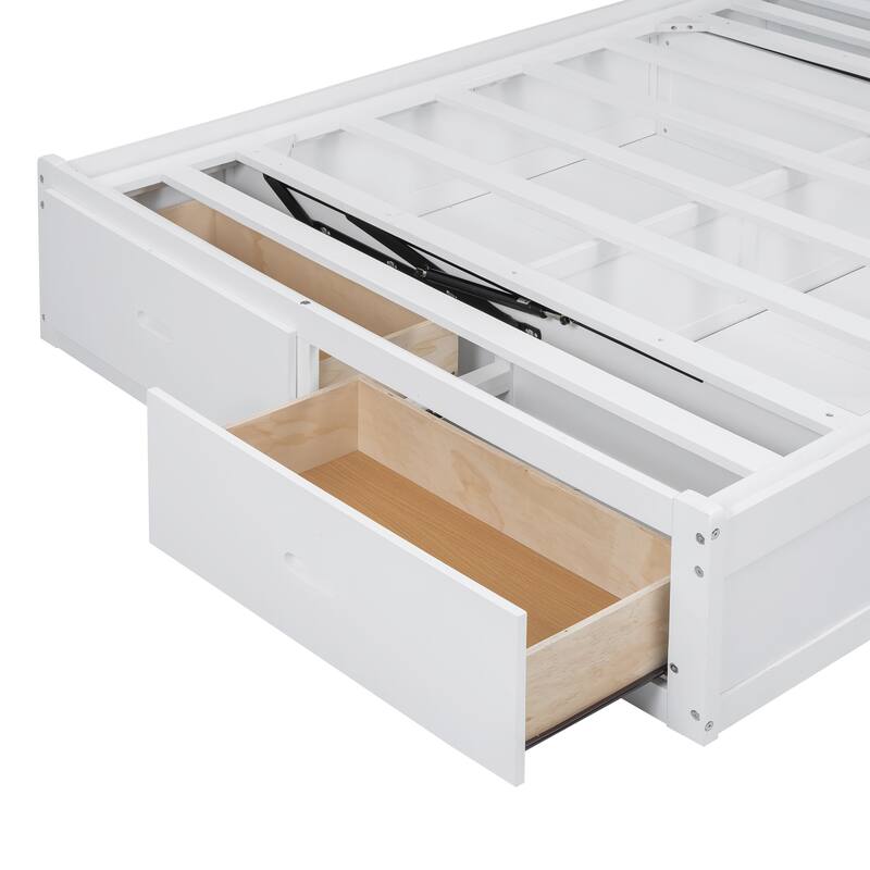 White Queen Size Wooden Bed with LED Storage Headboard, Charging Station, and 2 Drawers