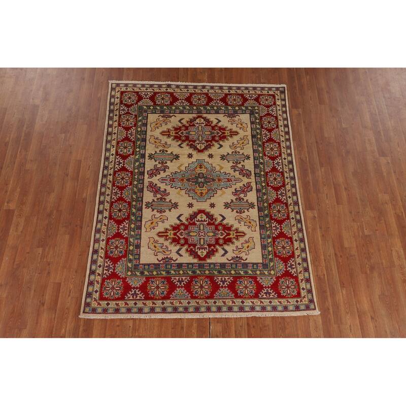 Traditional Beige Kazak Oriental Area Rug Handmade Wool Carpet - 5'2" x 6'10"