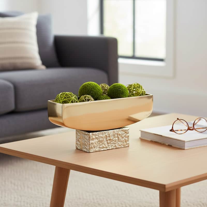 Rectangular Metal Decorative Bowl with Textured Base - 14", Gold - 14.0"