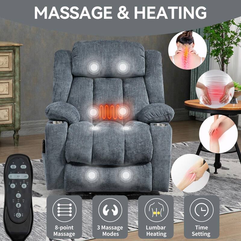 350 LBS Power Lift Recliner - Chenille, Massage, Heating, USB Ports