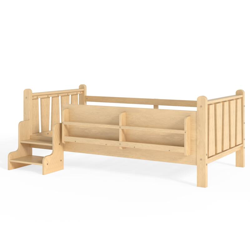 Full/Twin Floor Bed with Storage Bookcases & Cute Stairs - Solid Wood Kids Bed, No Box Spring