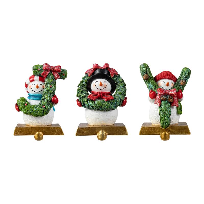Glitzhome Resin Santa Snowman Penguin Gnomes with JOY Christmas Stocking Holders Mantel Ornament(Set of 3) - Snowman with JOY