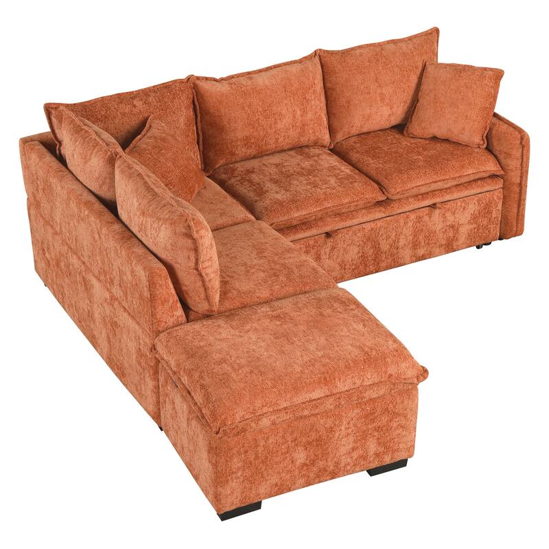Orange 82.67" L-Shaped 5-Seat Sectional Sofa with Pull-Out Bed, Storage Ottoman, 2 USB Ports, Power Sockets, and 2 Cushions