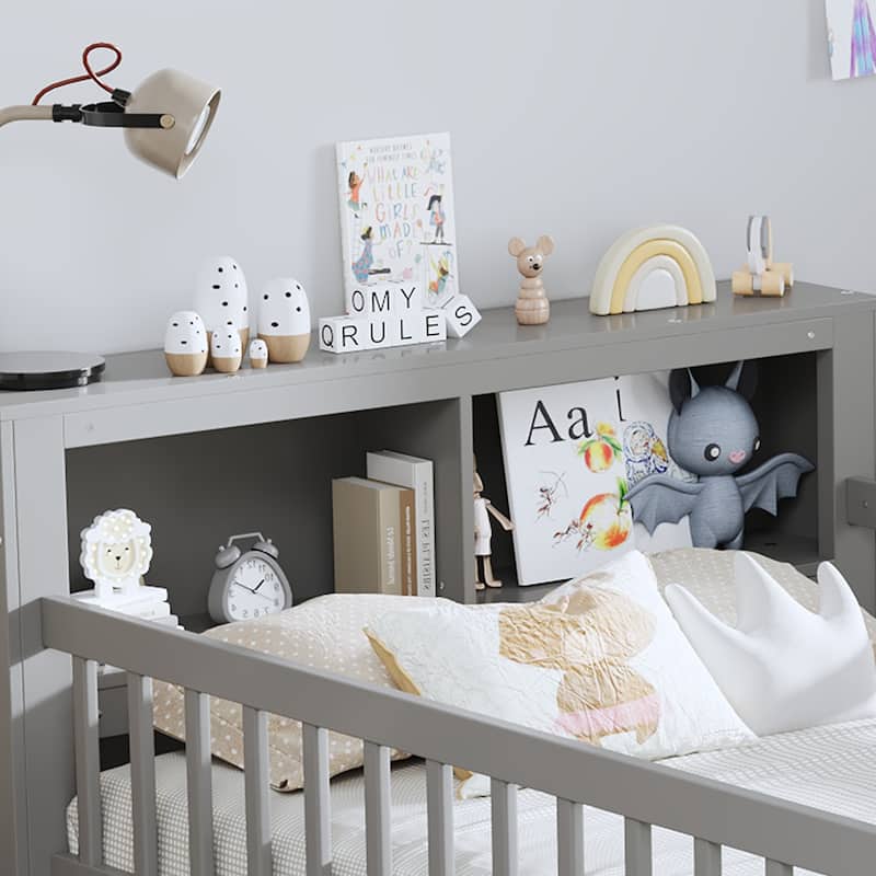Twin Size Bed with Headboard Storage, Under-Bed Drawers & Safety Guardrails,Gray