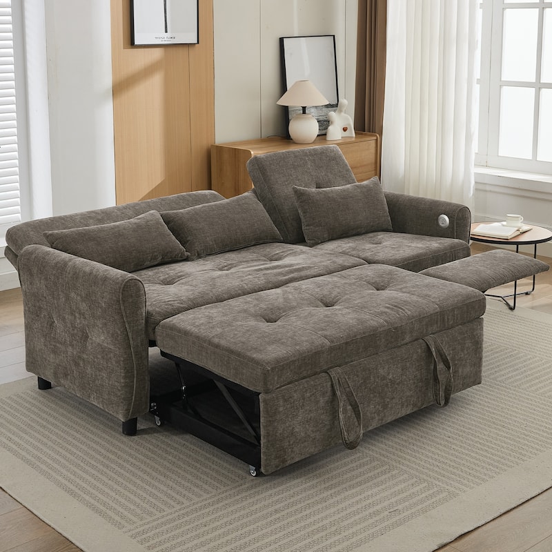 2-in-1 Sleeper Sofa Bed, 3 Seater Sectional Sofa with Pull Out Bed, Reversible Recliner Sofa with Pillows and USB Port