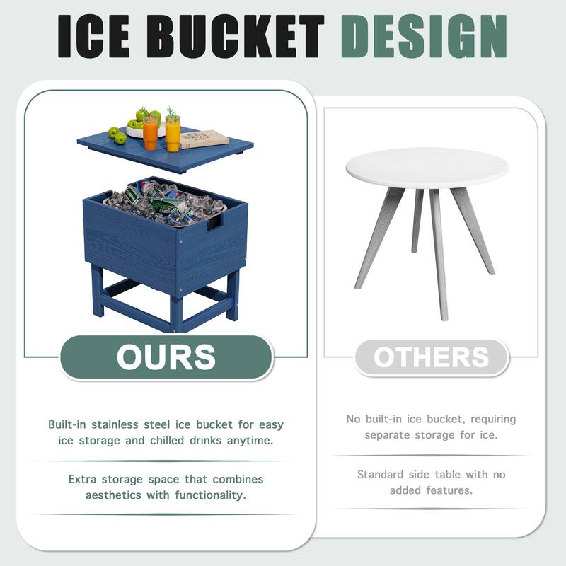 Outdoor Patio Weather Resistant HDPE Coffee & Side Table, Build-in Stainless Steel Cooler Bucket