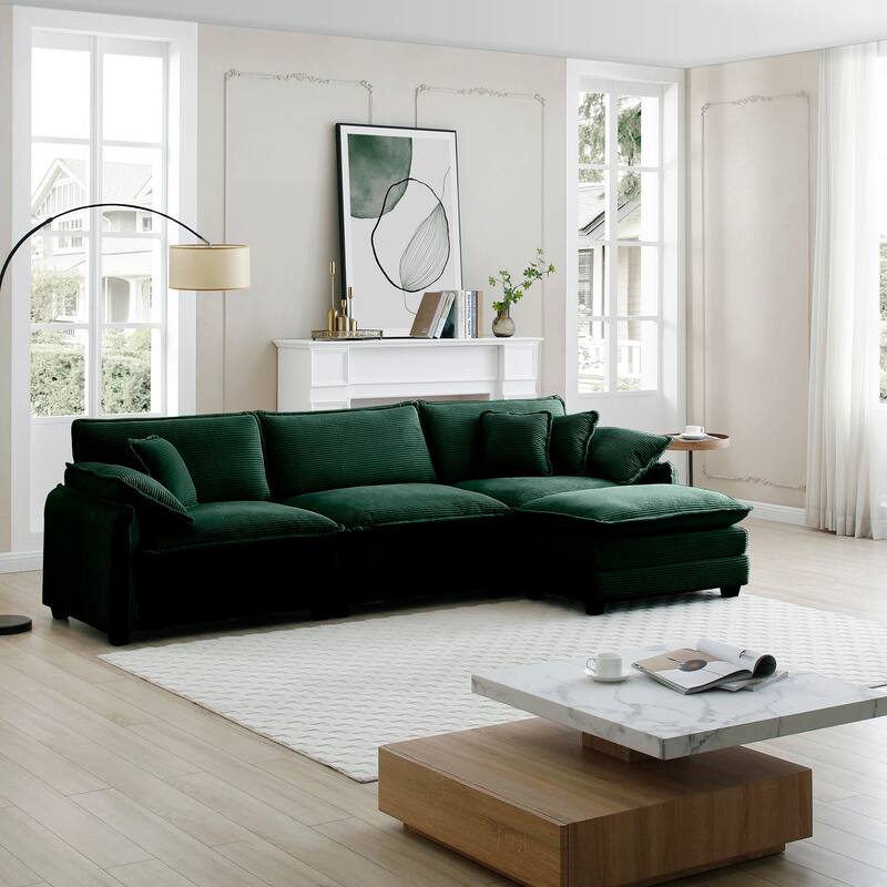 Green 4-piece Corduroy Upholstered L-Shaped Modular Sectional Sofa with Removable Ottoman, 5 Pillows, and Free Combination