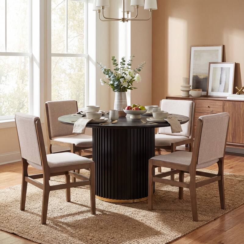 Christopher Knight Home - Mid-Century Modern 5-Piece Round Pedestal Dining Set with Upholstered Armless Dining Chairs - Walnut+Beige Chair - Black Table