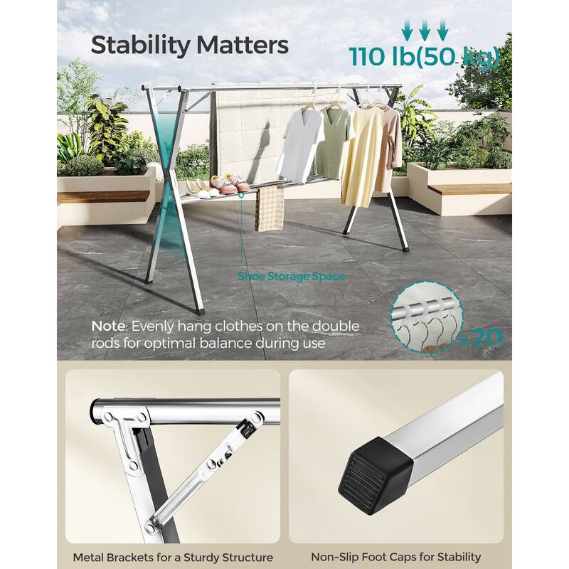 Dove Grey Stainless Steel Extendable and Foldable Clothes Drying Rack Ideal for Both Indoor and Outdoor Use