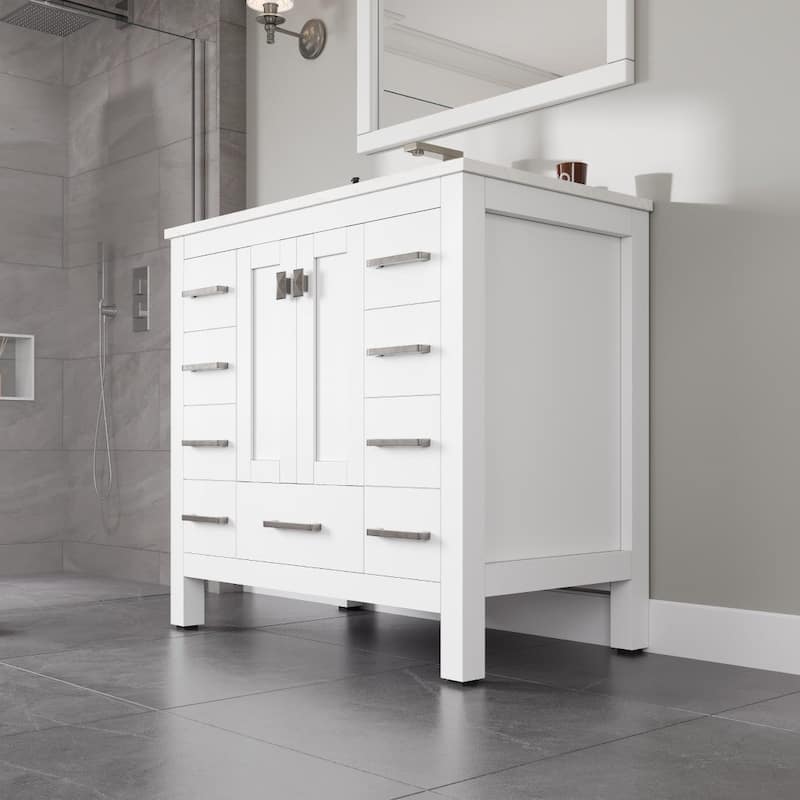 Eviva Hampton 36"W x 22"D White Bath Vanity with White Carrara Quartz Top