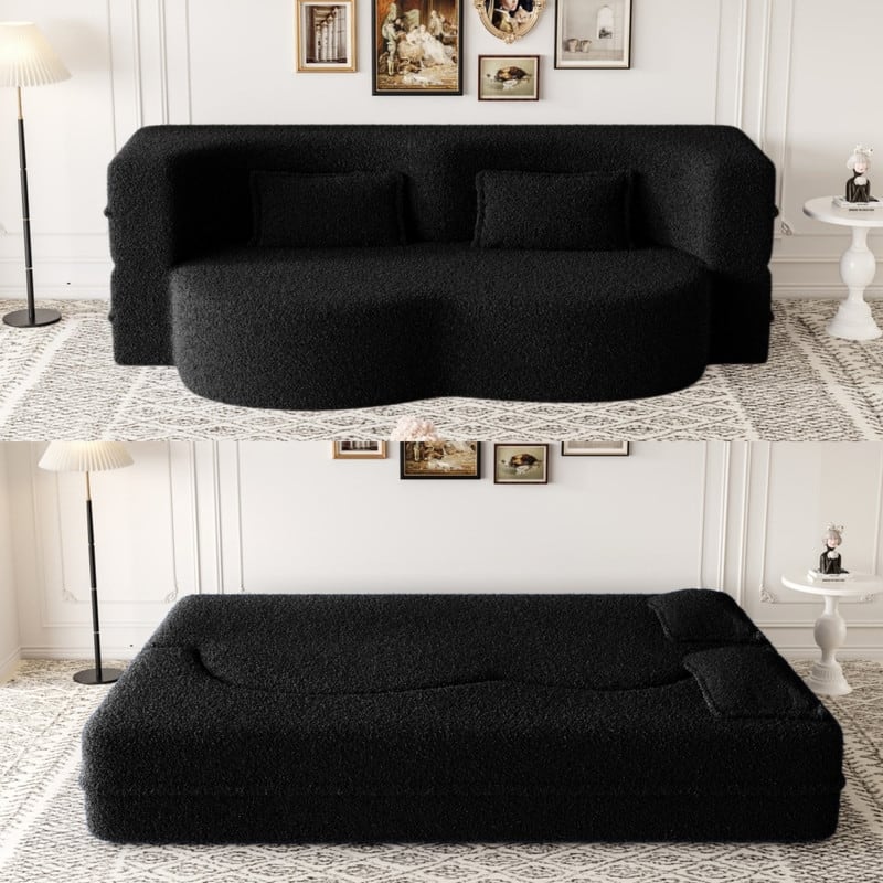 Modern Convertible Floor Sofa Bed - Full Size Foldable Sleeper with Memory Foam, 2 Pillows & No Assembly Needed