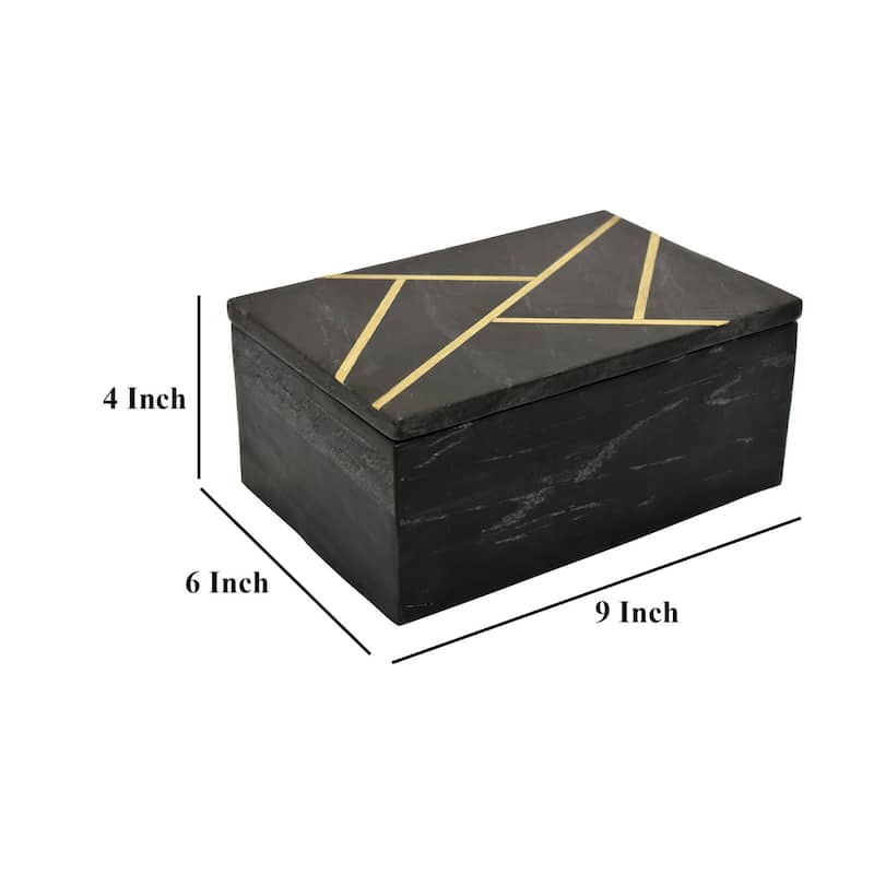 Axel Decorative Storage Box, Gold Geometric Inlay, Black Marble 9 Inch