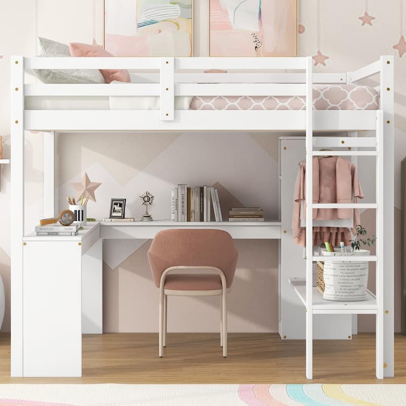 Full Size Loft Bed with L-Shaped Desk, Wardrobe & Storage Shelves - White