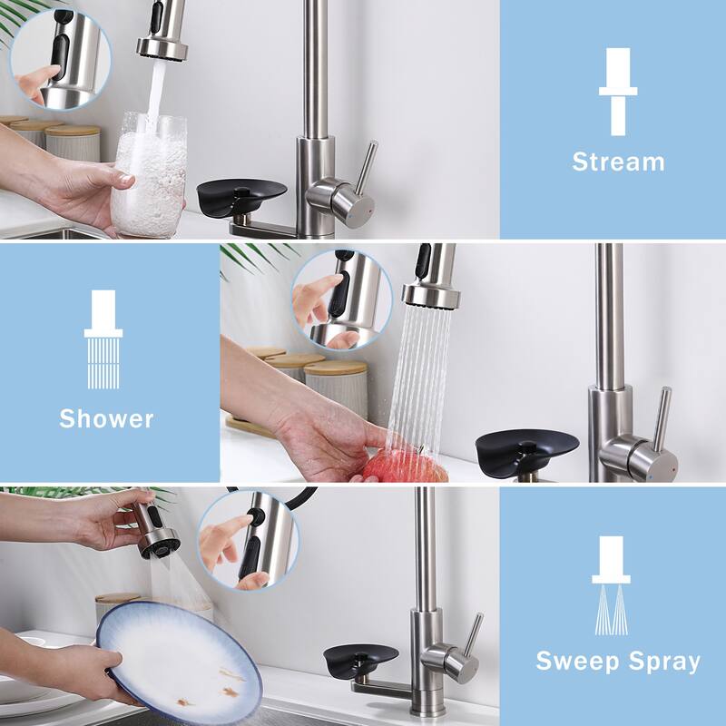 Modern 3-in-1 High-Arc Pull-Down Sprayer Kitchen Faucet with 3 Function Spray Mode & Press-Type Glass Rinser
