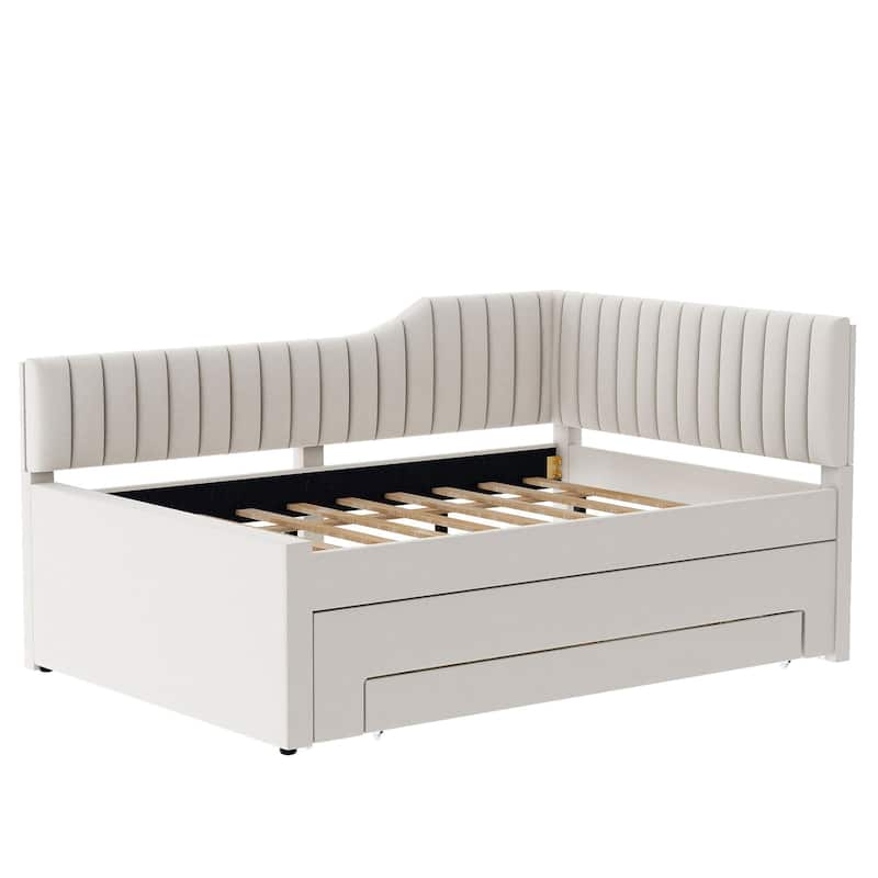 Twin Size Upholstered Daybed with Trundle and 3 Storage Drawers, Linen Blend Fabric