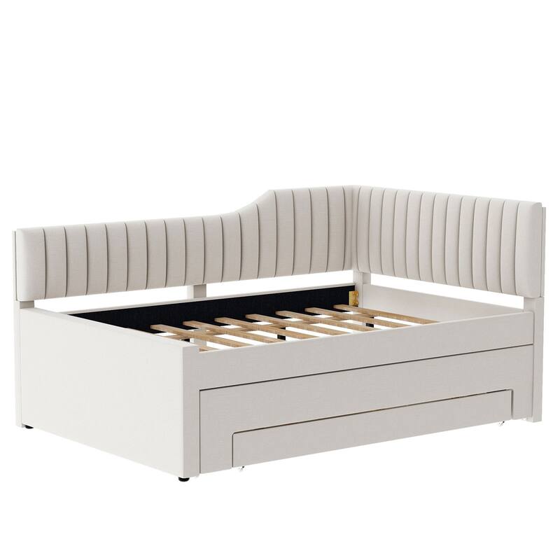 Upholstered Linen Bed Frame, Full Size Daybed with Pull-out Trundle and Storage Three Drawers for Bedroom/Apartment
