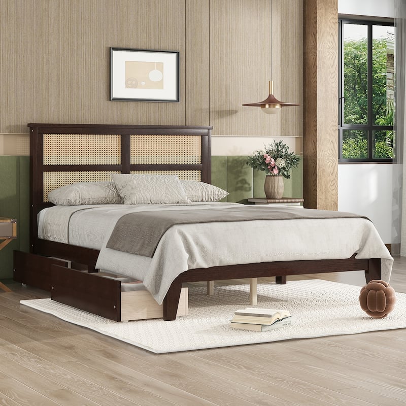 Bed with Rattan Headboard, Two Storage Drawers, Rubber Wood Bed with Enhanced Support Salts and Feet