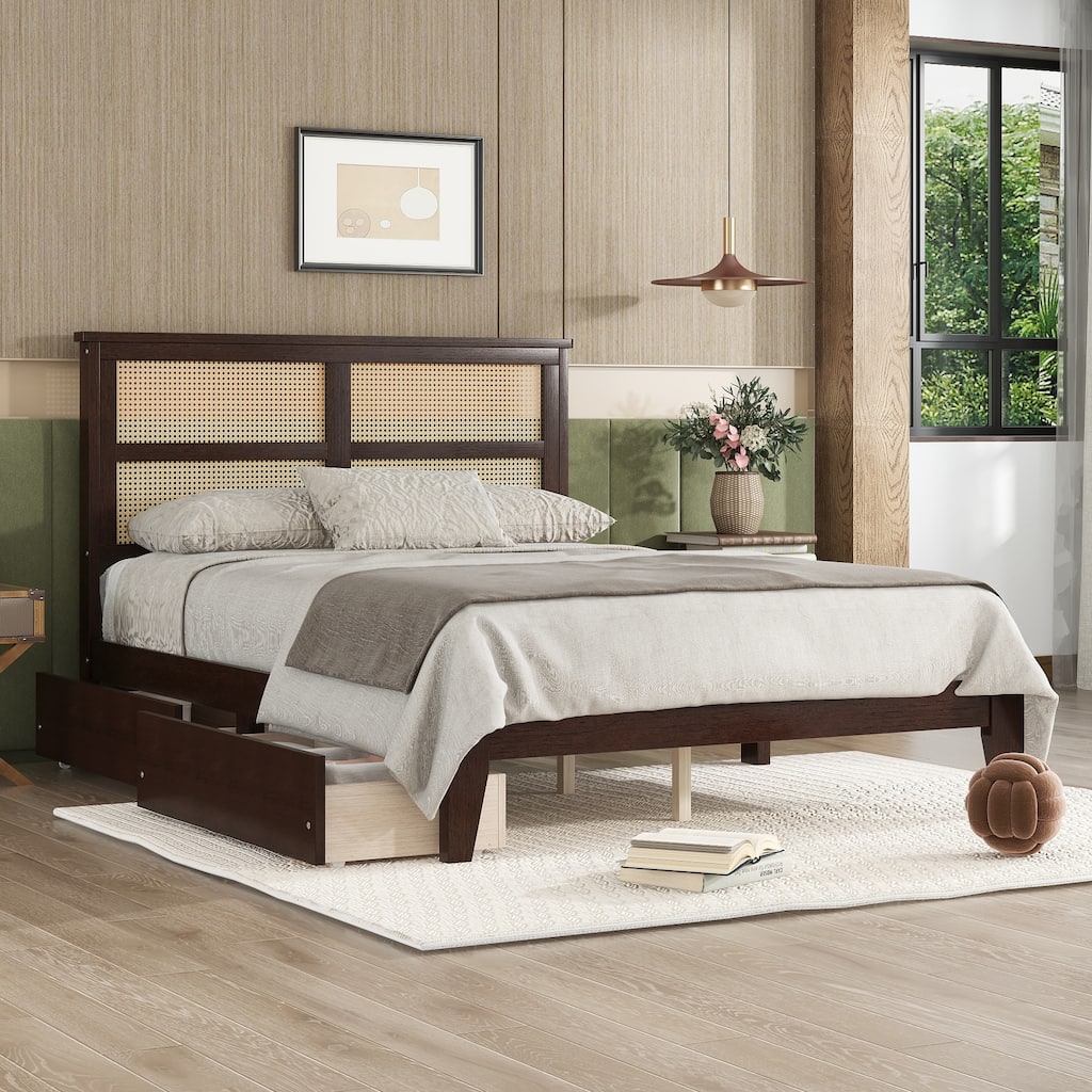 Bed with Rattan Headboard, Two Storage Drawers