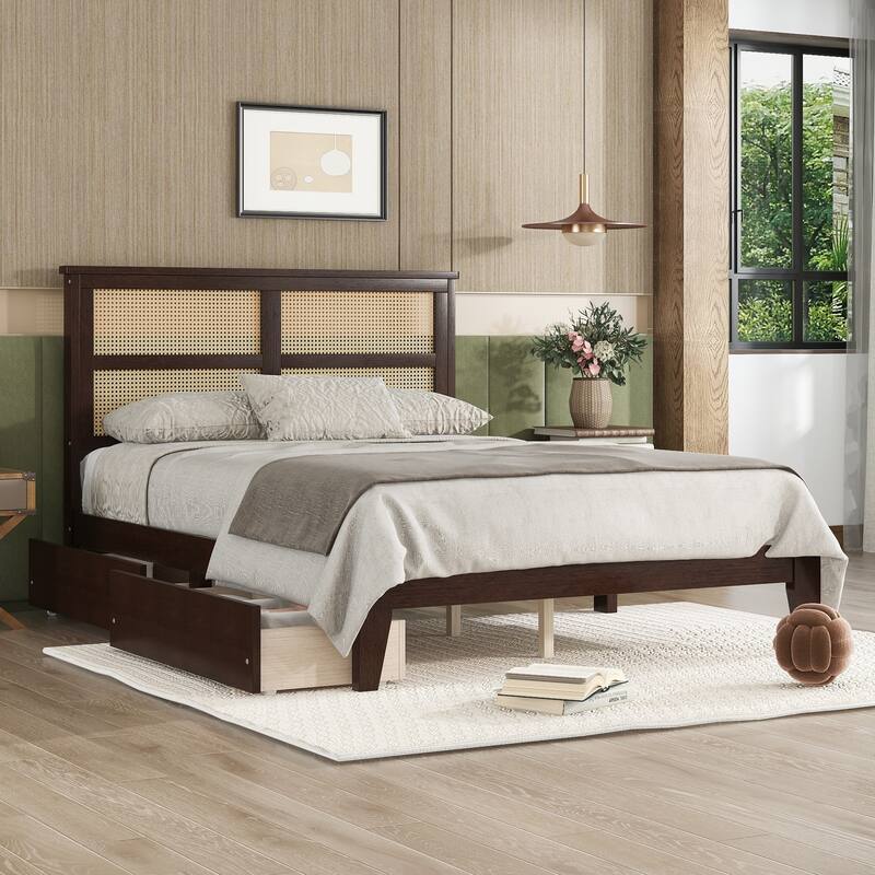 Full Size Bed with Rattan Headboard, 2 Storage Drawers, Rubber Wood Bed with Enhanced Support Salts and Feet, Espresso