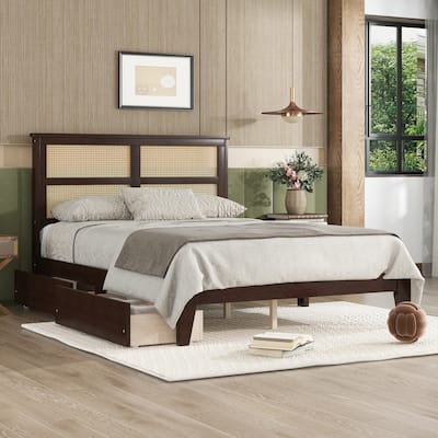 Full Size Bed with Rattan Headboard, Two Storage Drawers, Rubber Wood Bed with Enhanced Support Salts and Feet