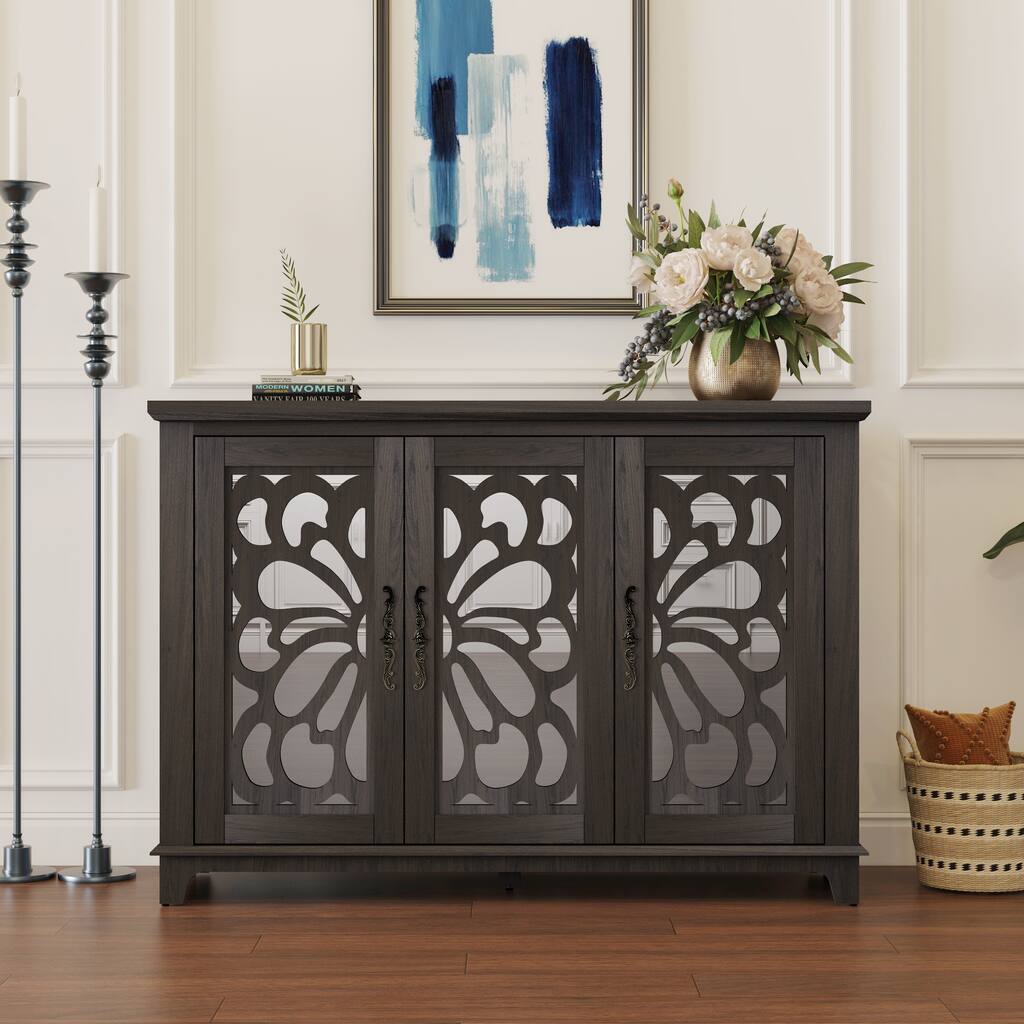 Anmytek 49" Brown Mirrored Door Sideboard Buffet Cabinet with Adjustable Shelves Spacious Storage for Living Room Kitchen
