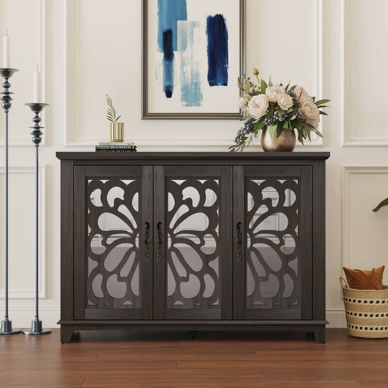 Spacious size countertop Sideboard with 3 mirrored doors adjustable shelves buffet cabinet, storage cabinet for living room - Dark Brown