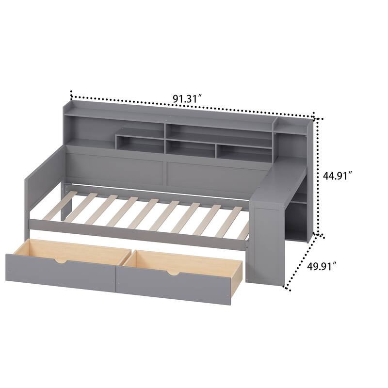 Classic Wooden Storage Daybed with Bookcase, a Side Armrest Table, and Two Under-Bed Drawers