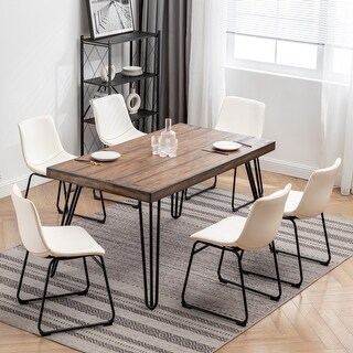 Pyn 7pc Dining Table and Chair Set, Black Wood, Beige Faux Leather