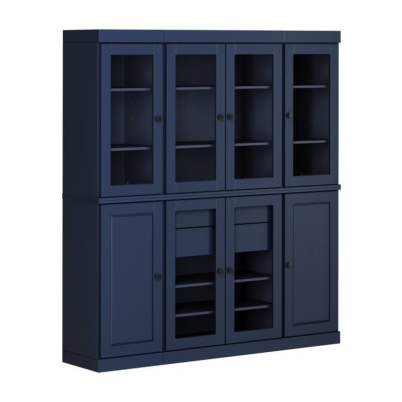 100% Solid Wood Kitchen China Pantry Buffet with Glass or Solid Wood Doors and 2-Drawer Kit by Palace Imports - 65" x 71.5" - Navy - Clear Glass-Solid