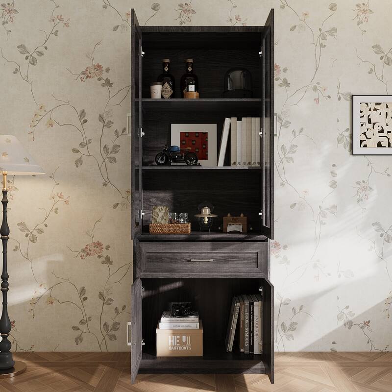 Modular Glass Door Bookcase Wall Unit with Storage Cabinets and Drawers, Dark Oak Display Hutch for Living Room or Home Office